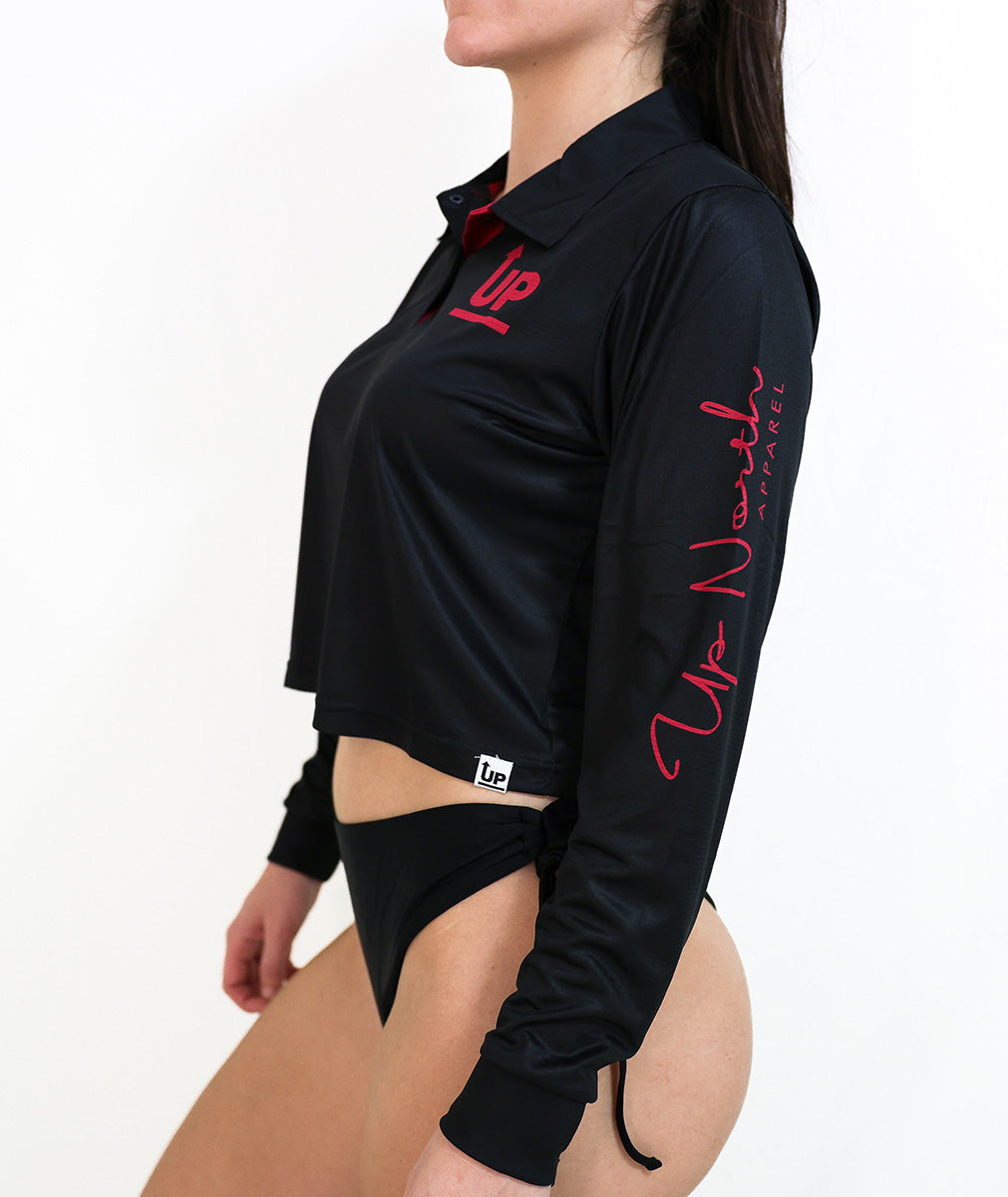 LADIES HYFLEX CROP POLO JERSEY - BLACK – Up North Apparel